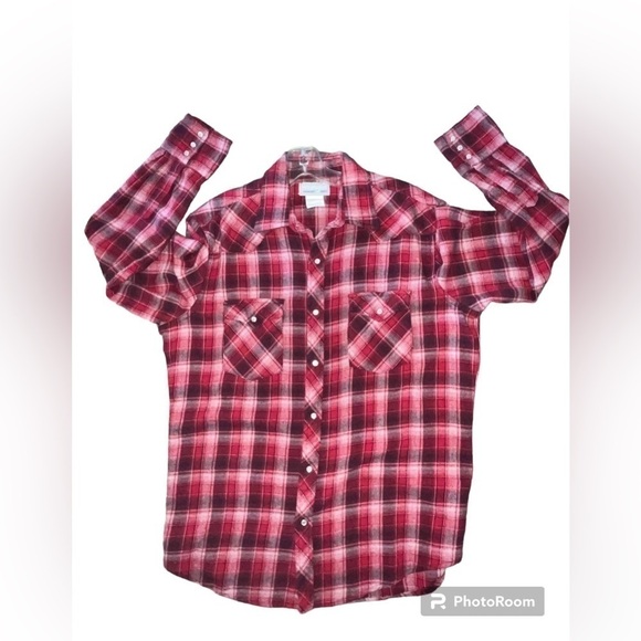 Wrangler rancher grunge western red plaid button down cowboy shirt Sz Large - Picture 1 of 7